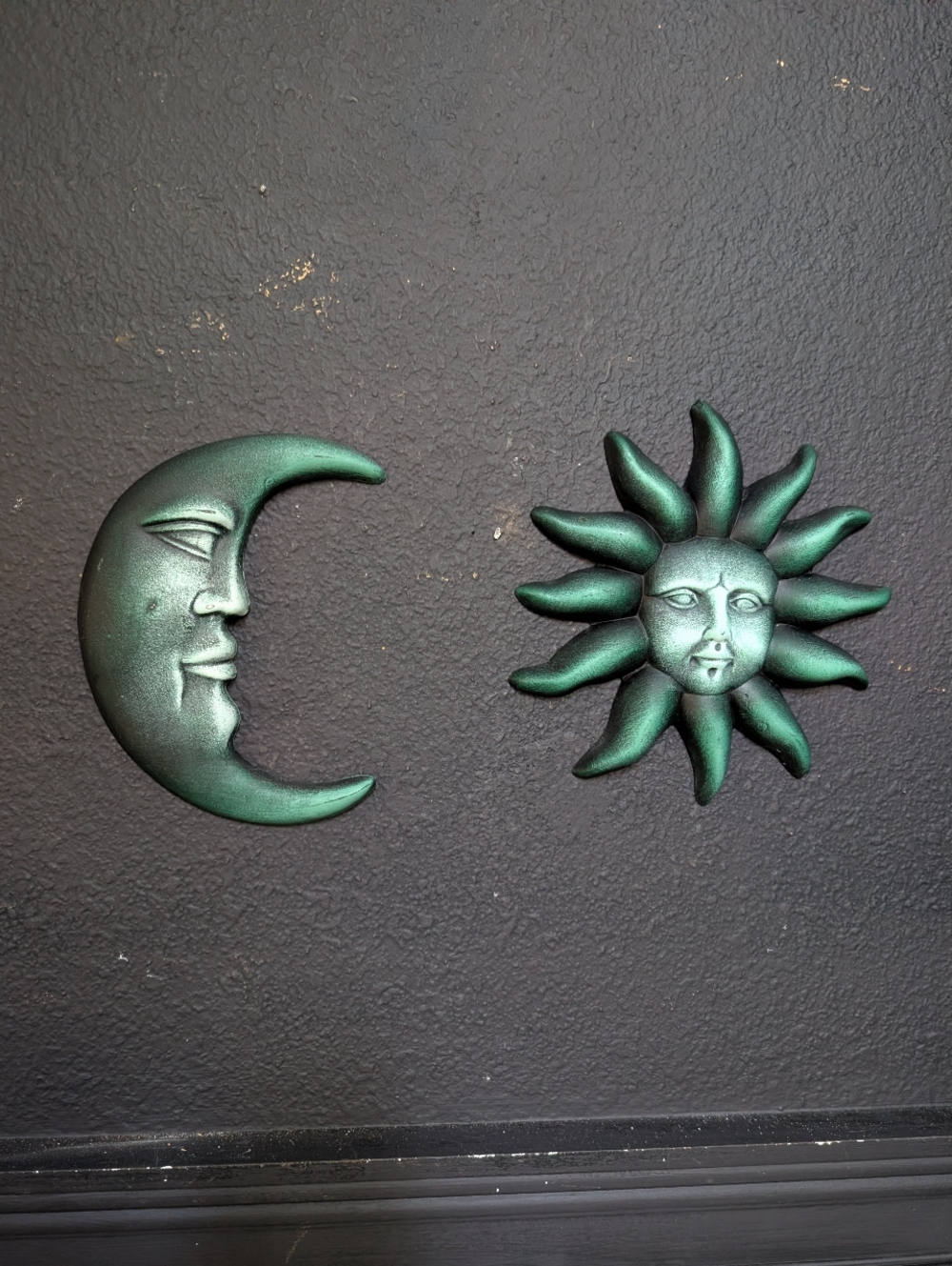 Vintage, Set of 2, Ceramic Celestial Moon Sun weathered verdigris patina Decor